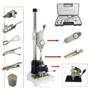 Button Snap Pull Strength Tester HTP 005.It is mainly used to test the seaming strength of buttons on various textiles. Fix the sample on the base, clamp the button with the jig, lift the jig to disengage the button, and read the required tension value from the tension gauge.