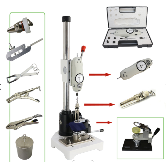 Button Snap Pull Strength Tester HTP 005.It is mainly used to test the seaming strength of buttons on various textiles. Fix the sample on the base, clamp the button with the jig, lift the jig to disengage the button, and read the required tension value from the tension gauge.