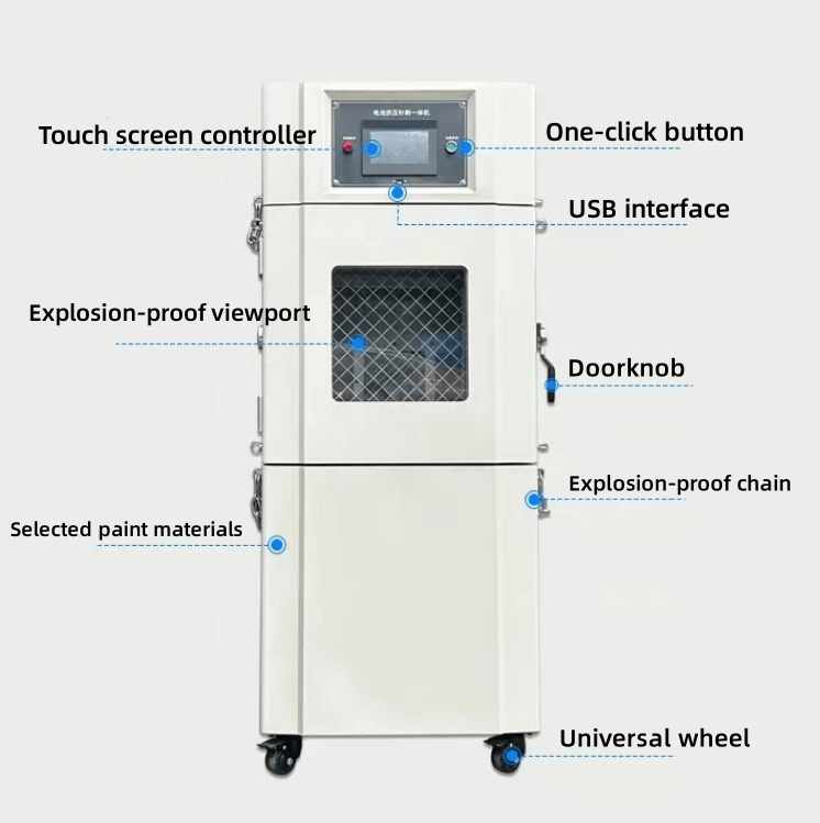 Battery extrusion needle punch testing machine is suitable for simulating all kinds of lithium metal batteries and lithium batteries, secondary cells or batteries containing alkaline or non-acid electrolytes, which are extruded and punctured during use, transportation, storage and waste disposal.